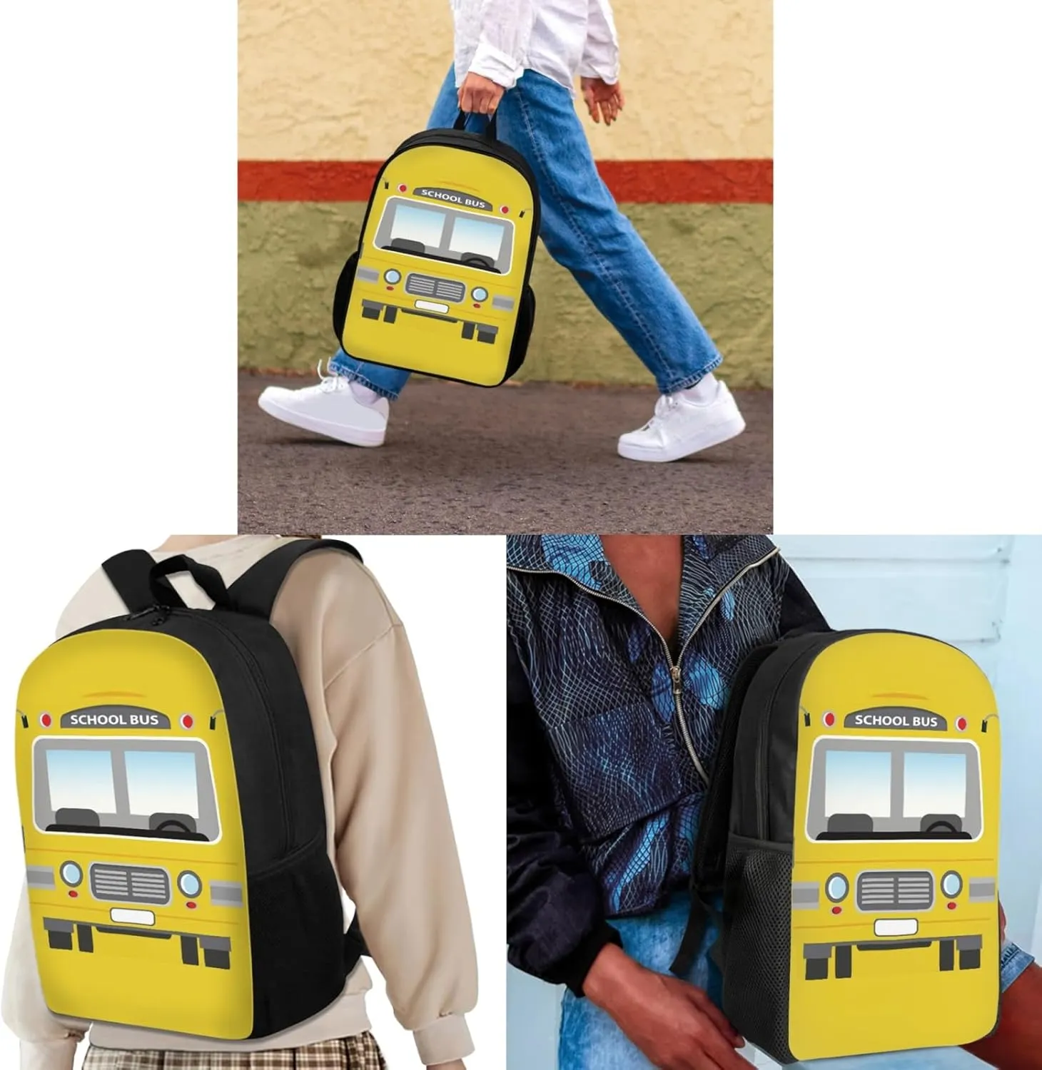 SEANATIVE 3Pcs/Sets School Bag for Teen Girls Boys Large Book Bags with Lunch Box Pencil Case Yellow School Bus Print Children School Shoulder Backpack