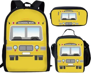 SEANATIVE 3Pcs/Sets School Bag for Teen Girls Boys Large Book Bags with Lunch Box Pencil Case Yellow School Bus Print Children School Shoulder Backpack