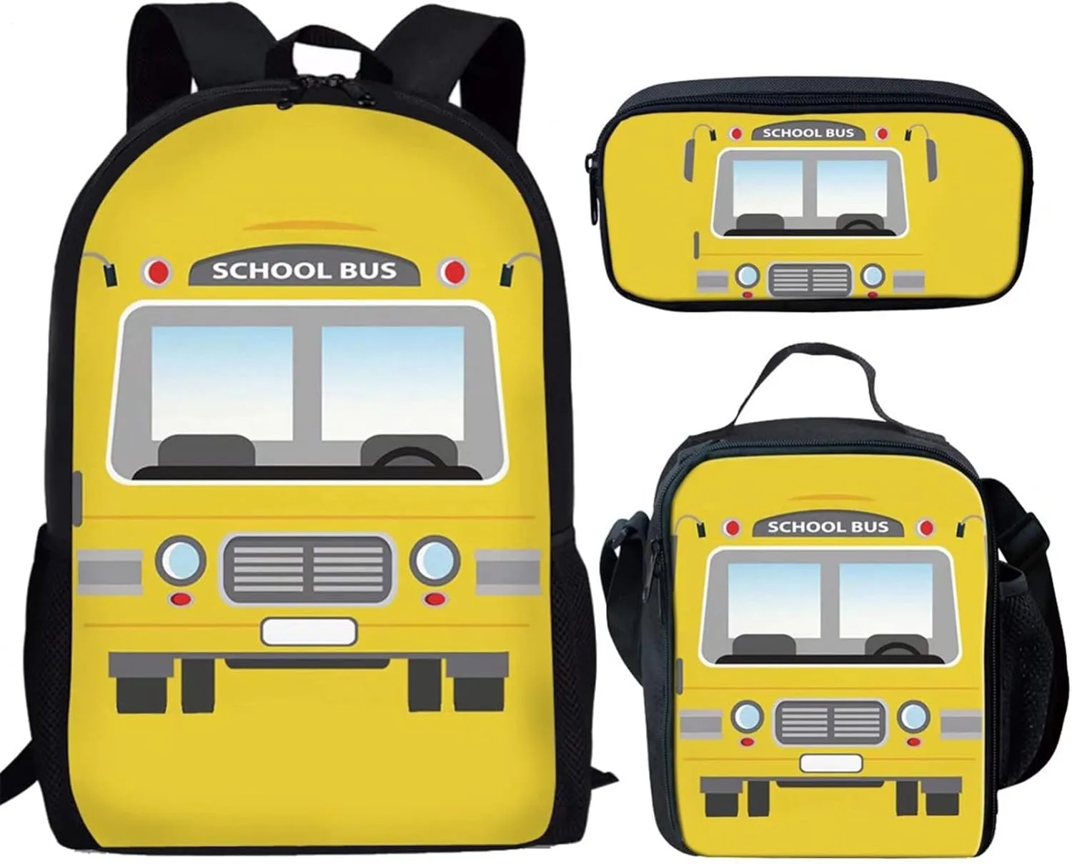SEANATIVE 3Pcs/Sets School Bag for Teen Girls Boys Large Book Bags with Lunch Box Pencil Case Yellow School Bus Print Children School Shoulder Backpack