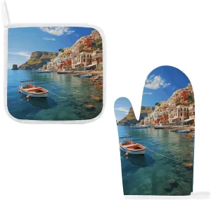 Seaside Town Oven Mitts and Pot Holders 2 Set, Heat Resistant Kitchen Glove with Quilted Liner, Non-Slip Oven Gloves for Baking Cooking