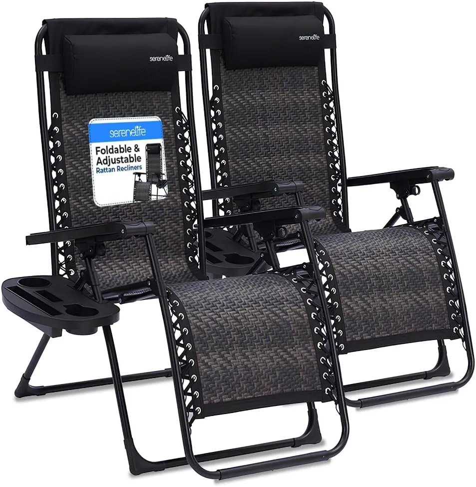 SereneLife Outdoor Rattan Zero Gravity Lawn Chairs, Set of 2 Adjustable Folding Recliners with Cup Holders, Side Table, and Pillow, Weather-Resistant, Durable and Perfect for Outdoor Comfort