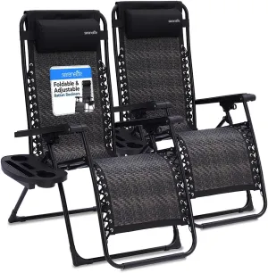 SereneLife Outdoor Rattan Zero Gravity Lawn Chairs, Set of 2 Adjustable Folding Recliners with Cup Holders, Side Table, and Pillow, Weather-Resistant, Durable and Perfect for Outdoor Comfort