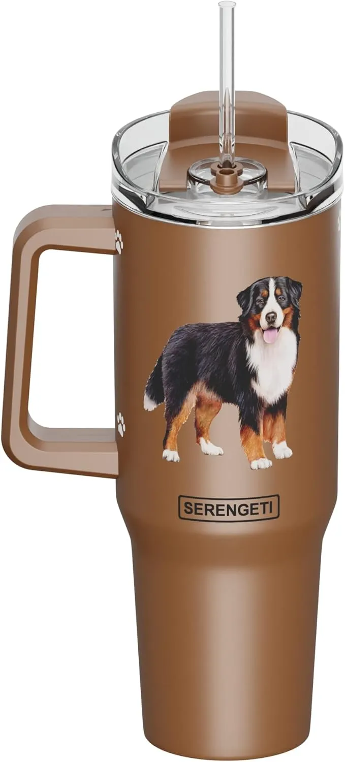 SERENGETI 40 Oz Ultimate Tumbler with Handle and Straw - Vacuum Insulated Tumbler with Straw and Lid - Stainless Steel Travel Mug for Pet Lovers - 3D Designs of your favorite Dog (Bernese Mt. Dog)