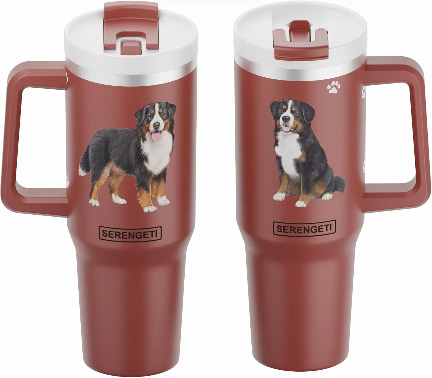 SERENGETI 40 Oz Ultimate Tumbler with Handle and Straw - Vacuum Insulated Tumbler with Straw and Lid - Stainless Steel Travel Mug for Pet Lovers - 3D Designs of your favorite Dog (Bernese Mt. Dog)