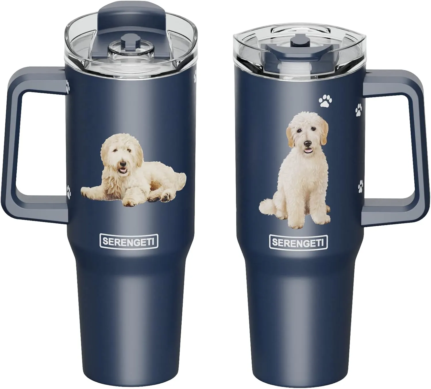 SERENGETI 40 Oz Ultimate Tumbler with Handle and Straw - Vacuum Insulated Tumbler with Straw and Lid - Stainless Steel Travel Mug for Pet Lovers - 3D Designs of your favorite Dog (Goldendoodle)