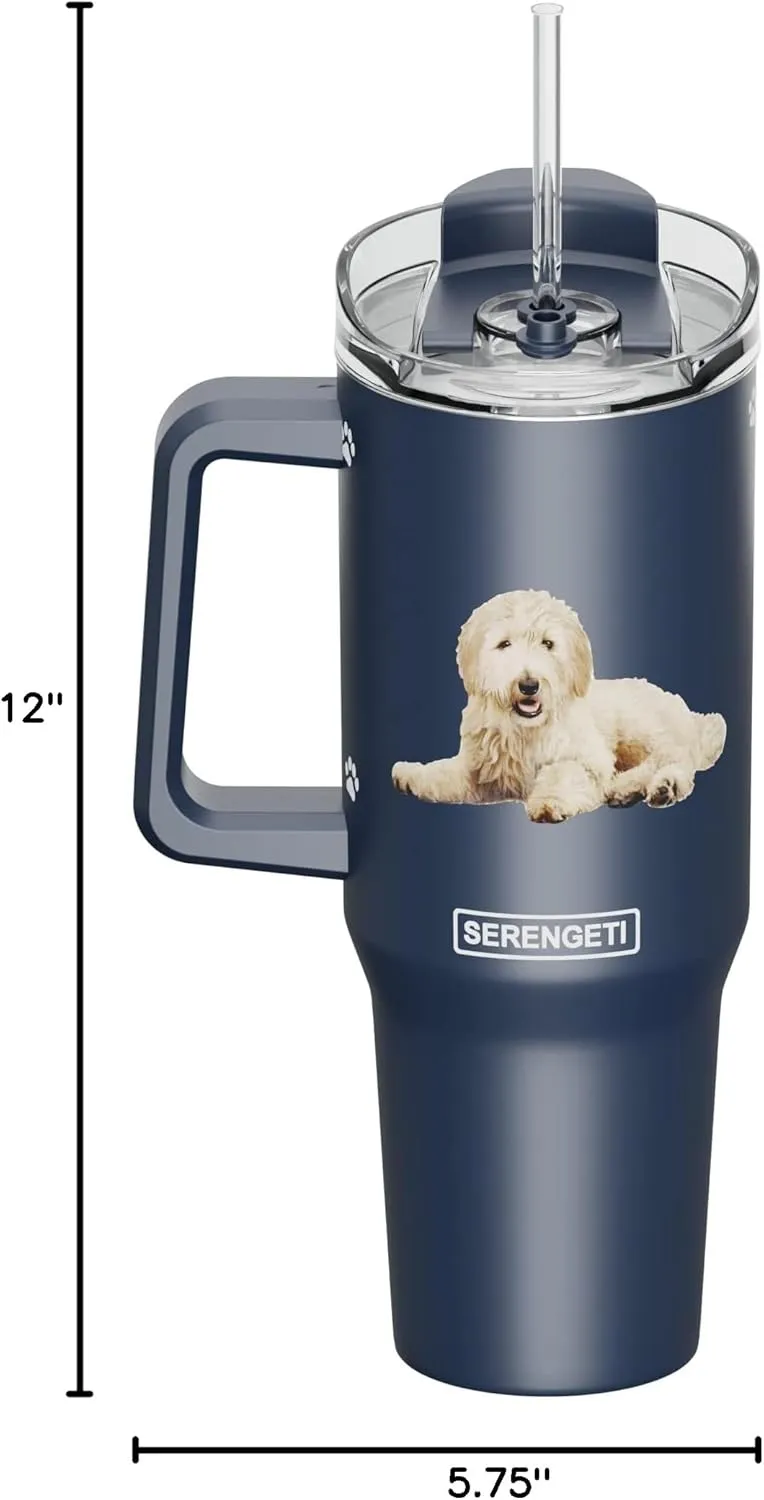 SERENGETI 40 Oz Ultimate Tumbler with Handle and Straw - Vacuum Insulated Tumbler with Straw and Lid - Stainless Steel Travel Mug for Pet Lovers - 3D Designs of your favorite Dog (Goldendoodle)