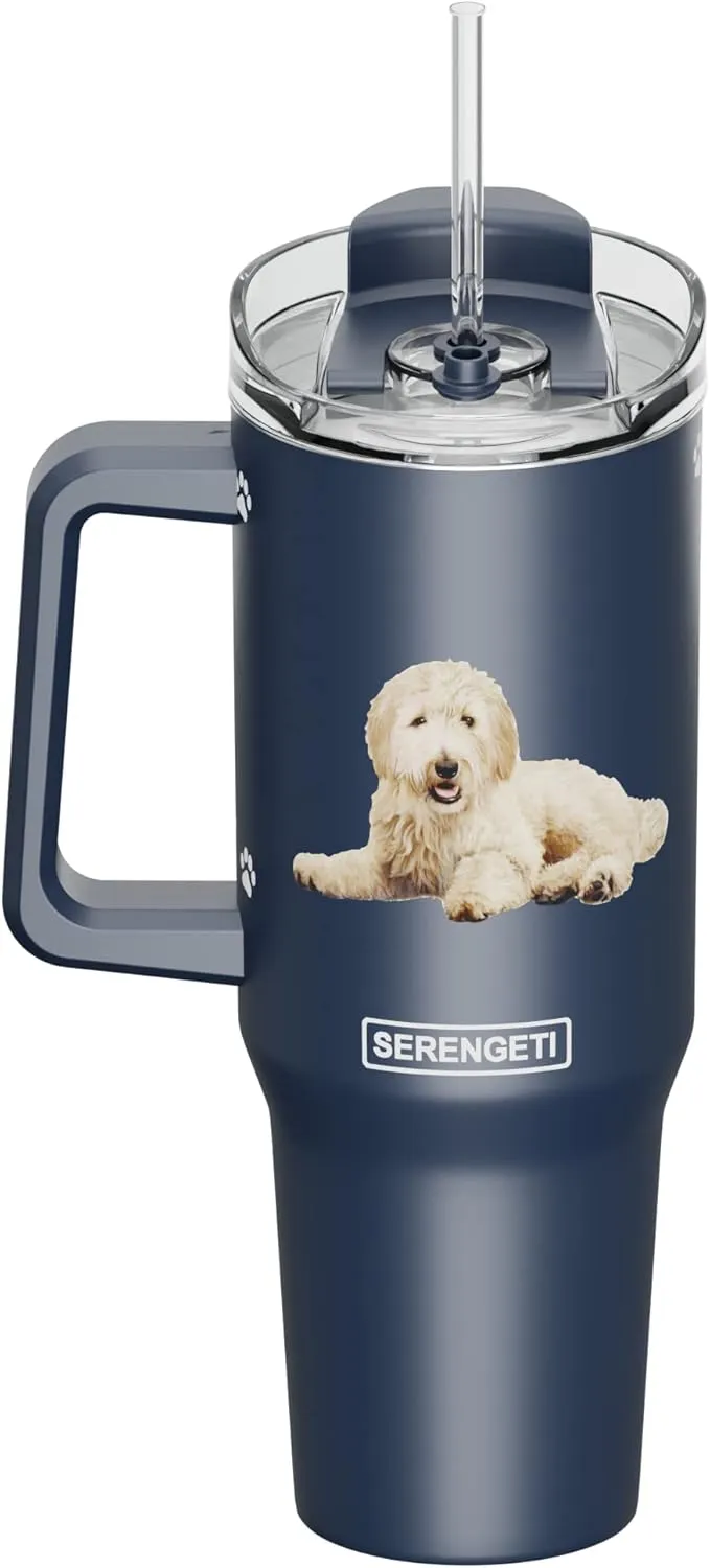 SERENGETI 40 Oz Ultimate Tumbler with Handle and Straw - Vacuum Insulated Tumbler with Straw and Lid - Stainless Steel Travel Mug for Pet Lovers - 3D Designs of your favorite Dog (Goldendoodle)