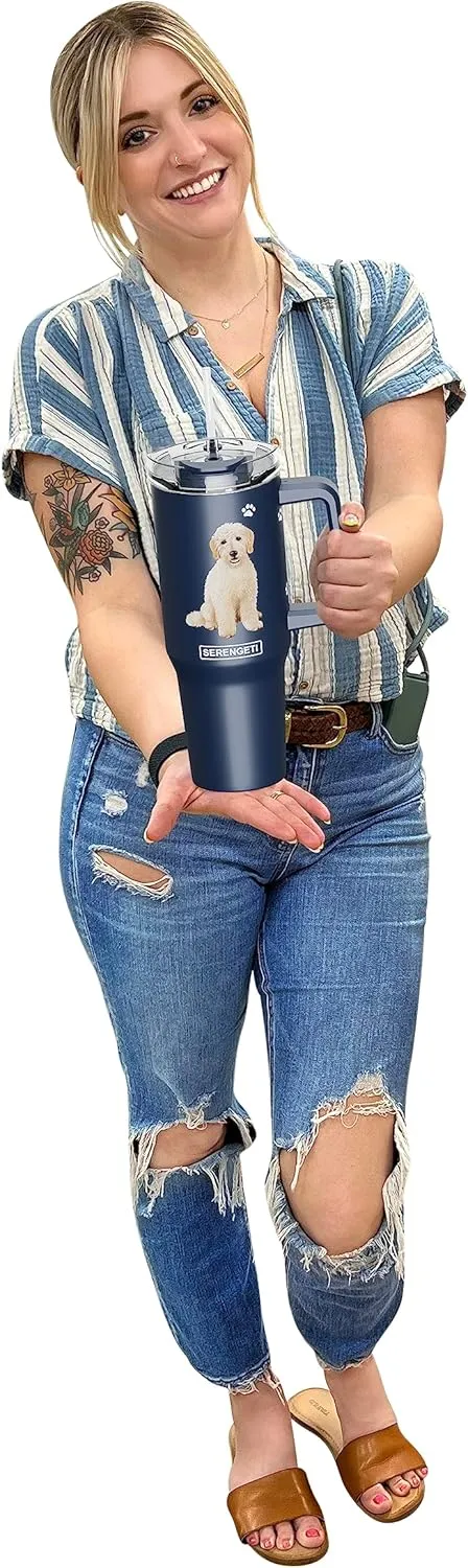 SERENGETI 40 Oz Ultimate Tumbler with Handle and Straw - Vacuum Insulated Tumbler with Straw and Lid - Stainless Steel Travel Mug for Pet Lovers - 3D Designs of your favorite Dog (Goldendoodle)