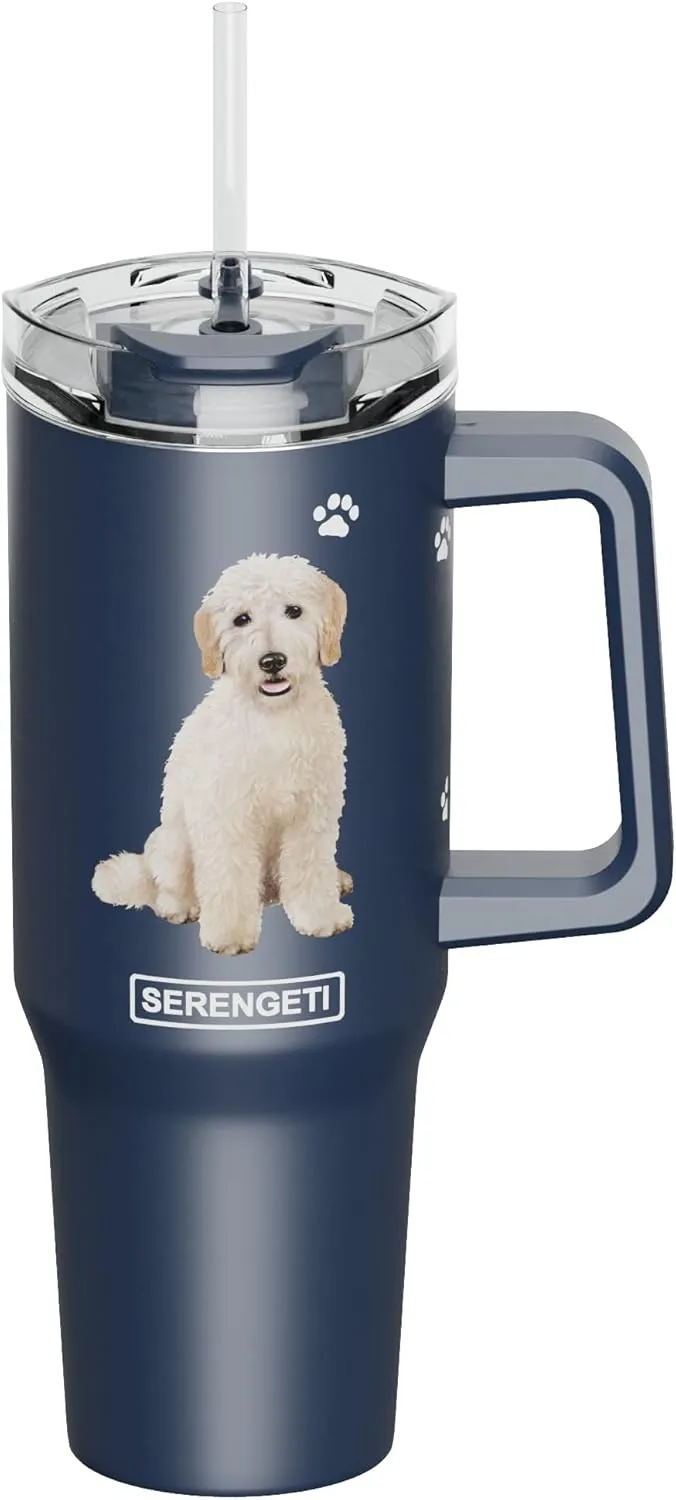 SERENGETI 40 Oz Ultimate Tumbler with Handle and Straw - Vacuum Insulated Tumbler with Straw and Lid - Stainless Steel Travel Mug for Pet Lovers - 3D Designs of your favorite Dog (Goldendoodle)