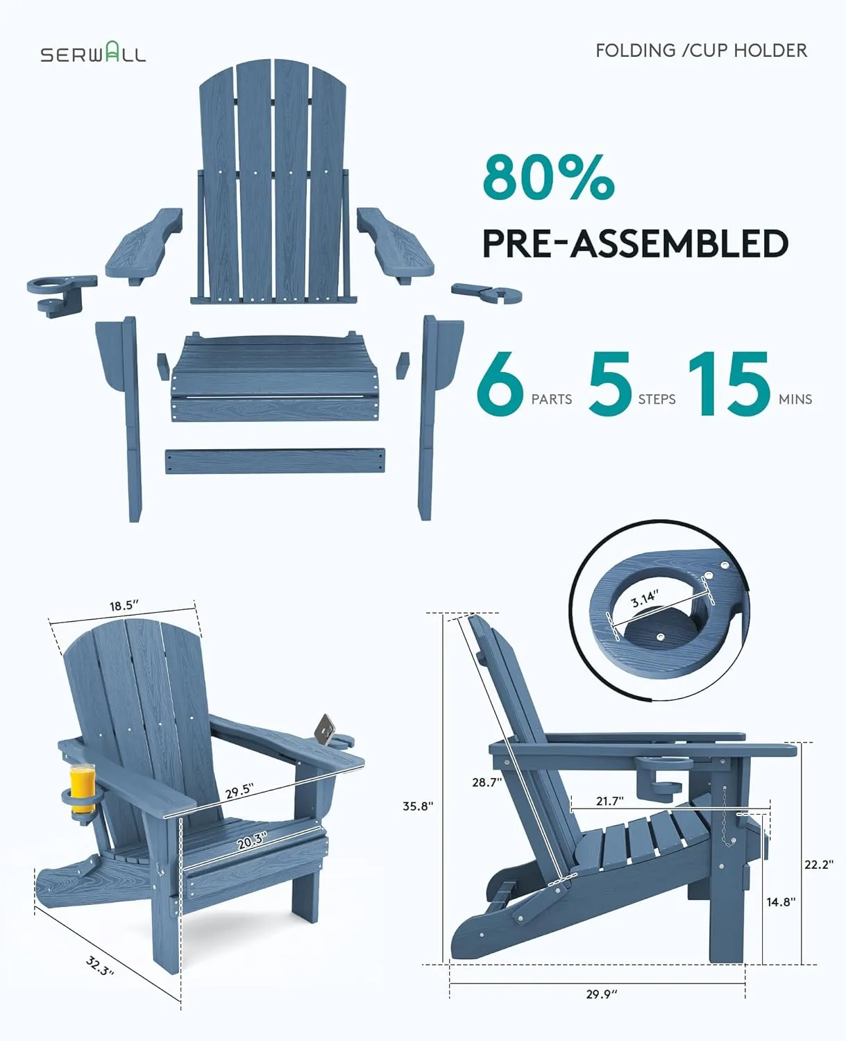 SERWALL Folding Adirondack Chair, HDPE Adirondack Chairs Set of 2, Plastic Outdoor Chairs- Looks Exactly Like Real Wood- Navy