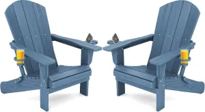 SERWALL Folding Adirondack Chair, HDPE Adirondack Chairs Set of 2, Plastic Outdoor Chairs- Looks Exactly Like Real Wood- Navy