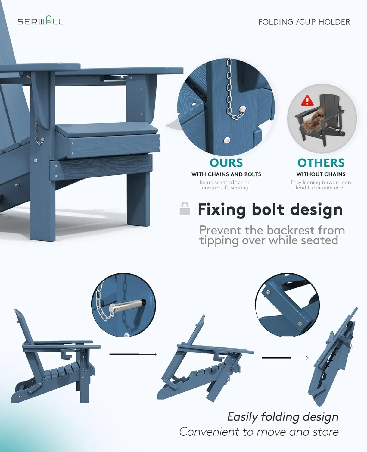 SERWALL Folding Adirondack Chair, HDPE Adirondack Chairs Set of 2, Plastic Outdoor Chairs- Looks Exactly Like Real Wood- Navy