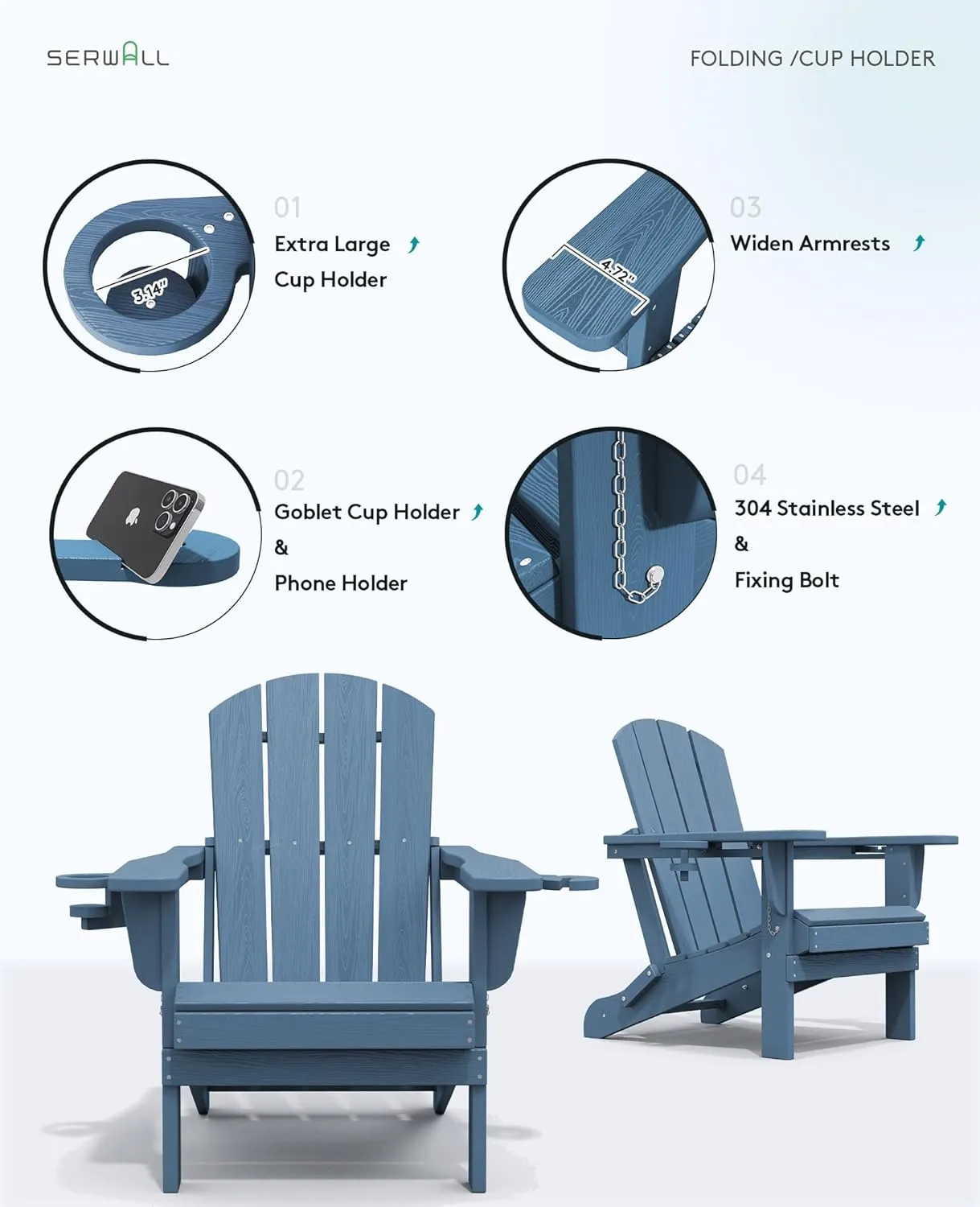 SERWALL Folding Adirondack Chair, HDPE Adirondack Chairs Set of 2, Plastic Outdoor Chairs- Looks Exactly Like Real Wood- Navy