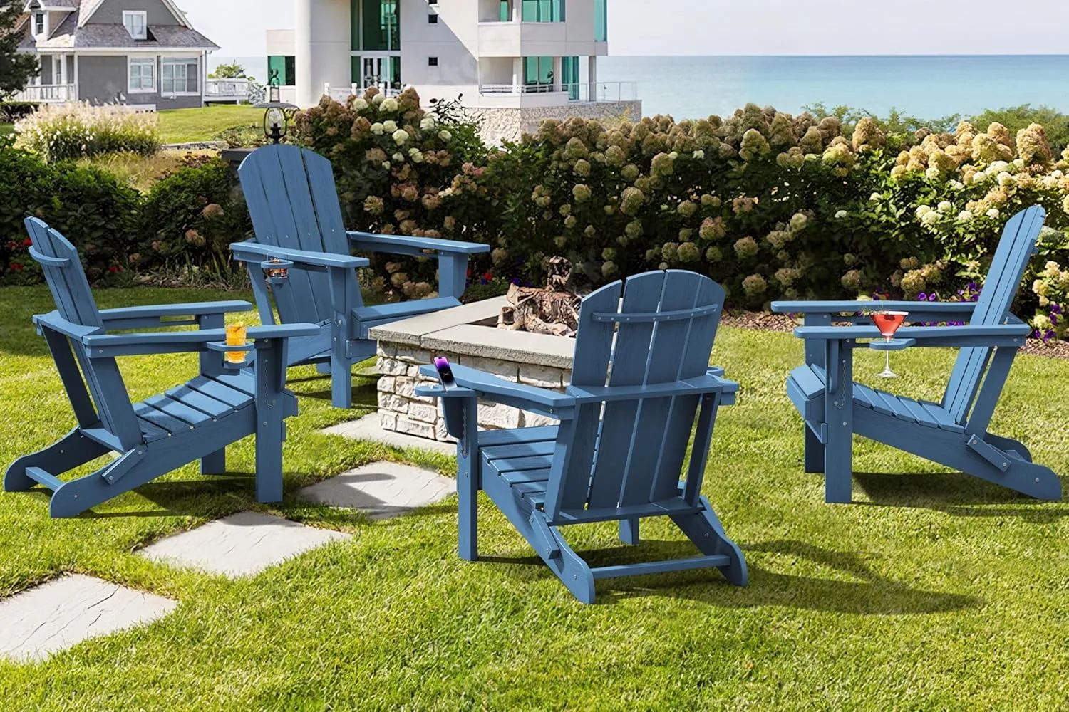SERWALL Folding Adirondack Chair, HDPE Adirondack Chairs Set of 2, Plastic Outdoor Chairs- Looks Exactly Like Real Wood- Navy