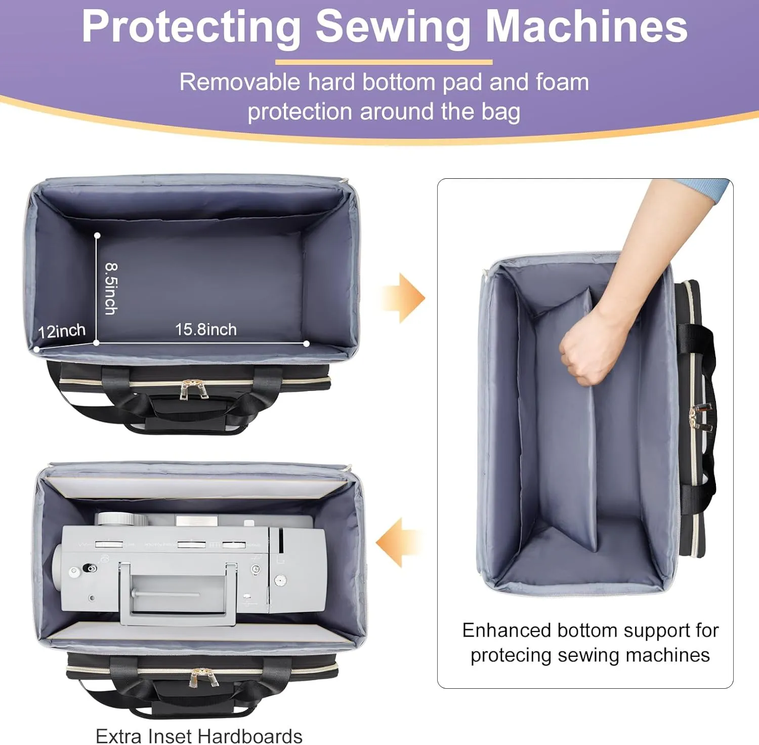 Sewing Machine Carrying Case with Removable Bottom Padding, Sewing Machine Bag Fits Most Standard Sewing Machines and Storage Sewing Accessories, for Singer, Brother, Janome, Black