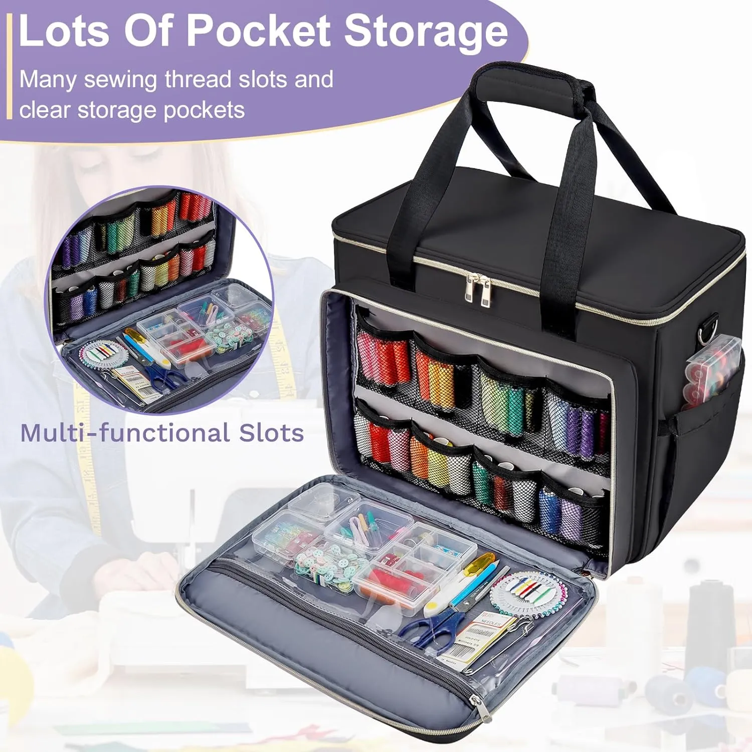 Sewing Machine Carrying Case with Removable Bottom Padding, Sewing Machine Bag Fits Most Standard Sewing Machines and Storage Sewing Accessories, for Singer, Brother, Janome, Black