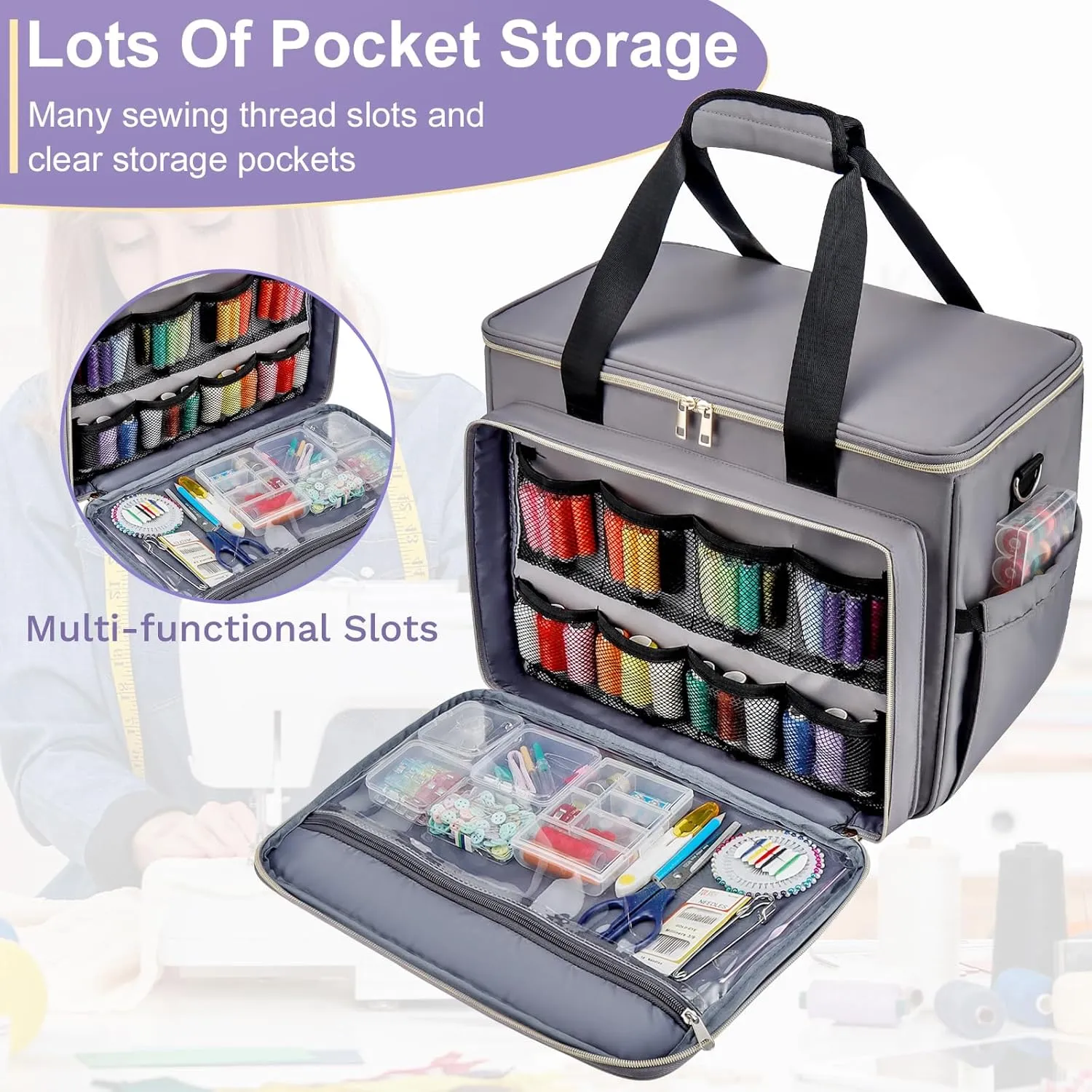 Sewing Machine Carrying Case with Removable Bottom Padding, Sewing Machine Bag Fits Most Standard Sewing Machines and Storage Sewing Accessories, for Singer, Brother, Janome, Gray