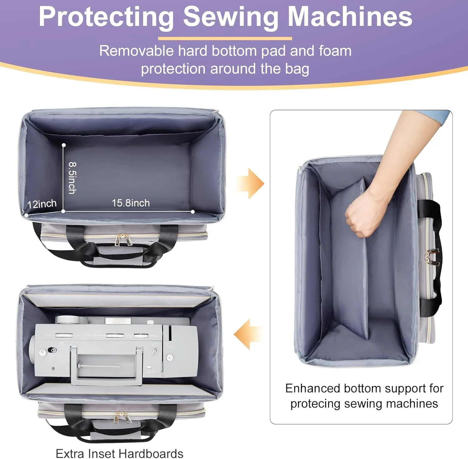 Sewing Machine Carrying Case with Removable Bottom Padding, Sewing Machine Bag Fits Most Standard Sewing Machines and Storage Sewing Accessories, for Singer, Brother, Janome, Gray