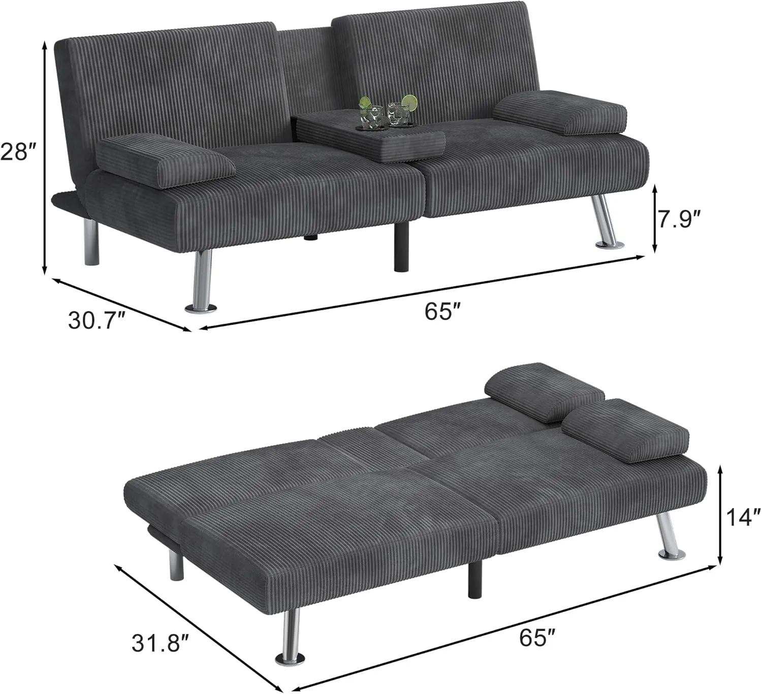 Shahoo Modern Upholstered Convertible Folding Futon Sofa Bed with Removable Armrests, Metal Legs, 2 Cup Holders for Living Room, Grey