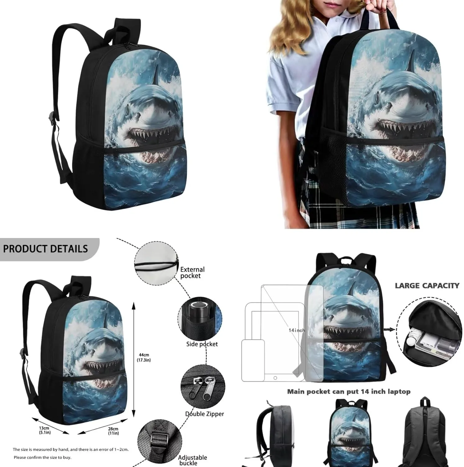 Shark School Backpack for Boys 8-12 4 in 1 Kids Bookbags with Lunch Box Water Bottle Sleeve Pencil Case 17" Cool Backpacks for Elementary Middle School Boys Schoolbag