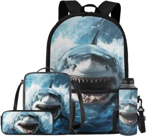 Shark School Backpack for Boys 8-12 4 in 1 Kids Bookbags with Lunch Box Water Bottle Sleeve Pencil Case 17" Cool Backpacks for Elementary Middle School Boys Schoolbag