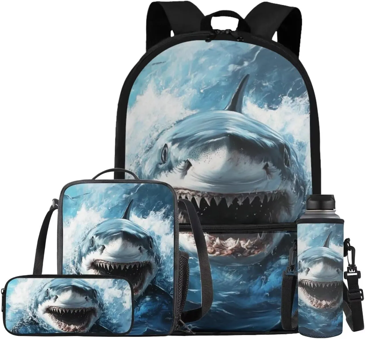 Shark School Backpack for Boys 8-12 4 in 1 Kids Bookbags with Lunch Box Water Bottle Sleeve Pencil Case 17" Cool Backpacks for Elementary Middle School Boys Schoolbag
