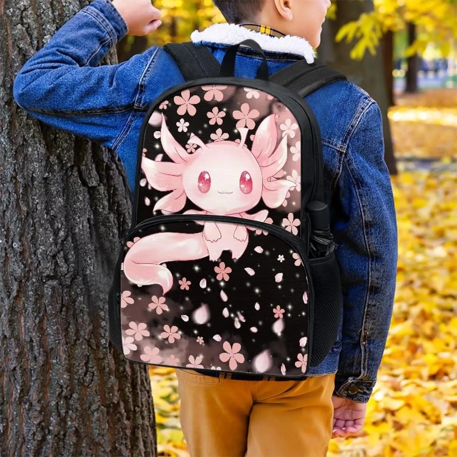 Showudesigns Cherry Blossom Axolotl School Bags for Girls 6-8 8-10 Elementary School Backpack With Water Bottle Holder Preschool Middle School Bookbag Kids Schoolbag 3rd-6th Grade Pink