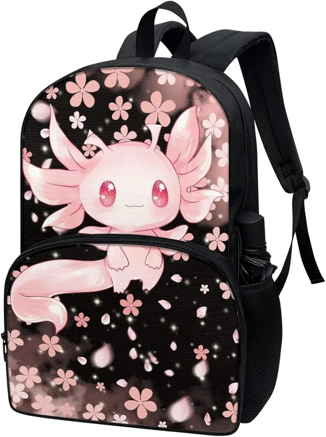 Showudesigns Cherry Blossom Axolotl School Bags for Girls 6-8 8-10 Elementary School Backpack With Water Bottle Holder Preschool Middle School Bookbag Kids Schoolbag 3rd-6th Grade Pink