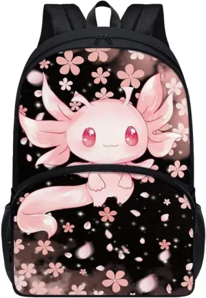 Showudesigns Cherry Blossom Axolotl School Bags for Girls 6-8 8-10 Elementary School Backpack With Water Bottle Holder Preschool Middle School Bookbag Kids Schoolbag 3rd-6th Grade Pink