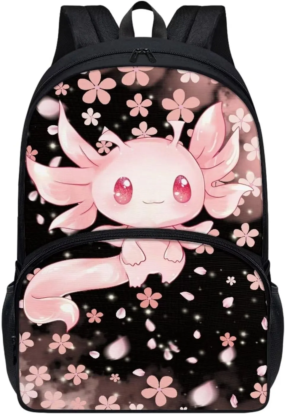 Showudesigns Cherry Blossom Axolotl School Bags for Girls 6-8 8-10 Elementary School Backpack With Water Bottle Holder Preschool Middle School Bookbag Kids Schoolbag 3rd-6th Grade Pink
