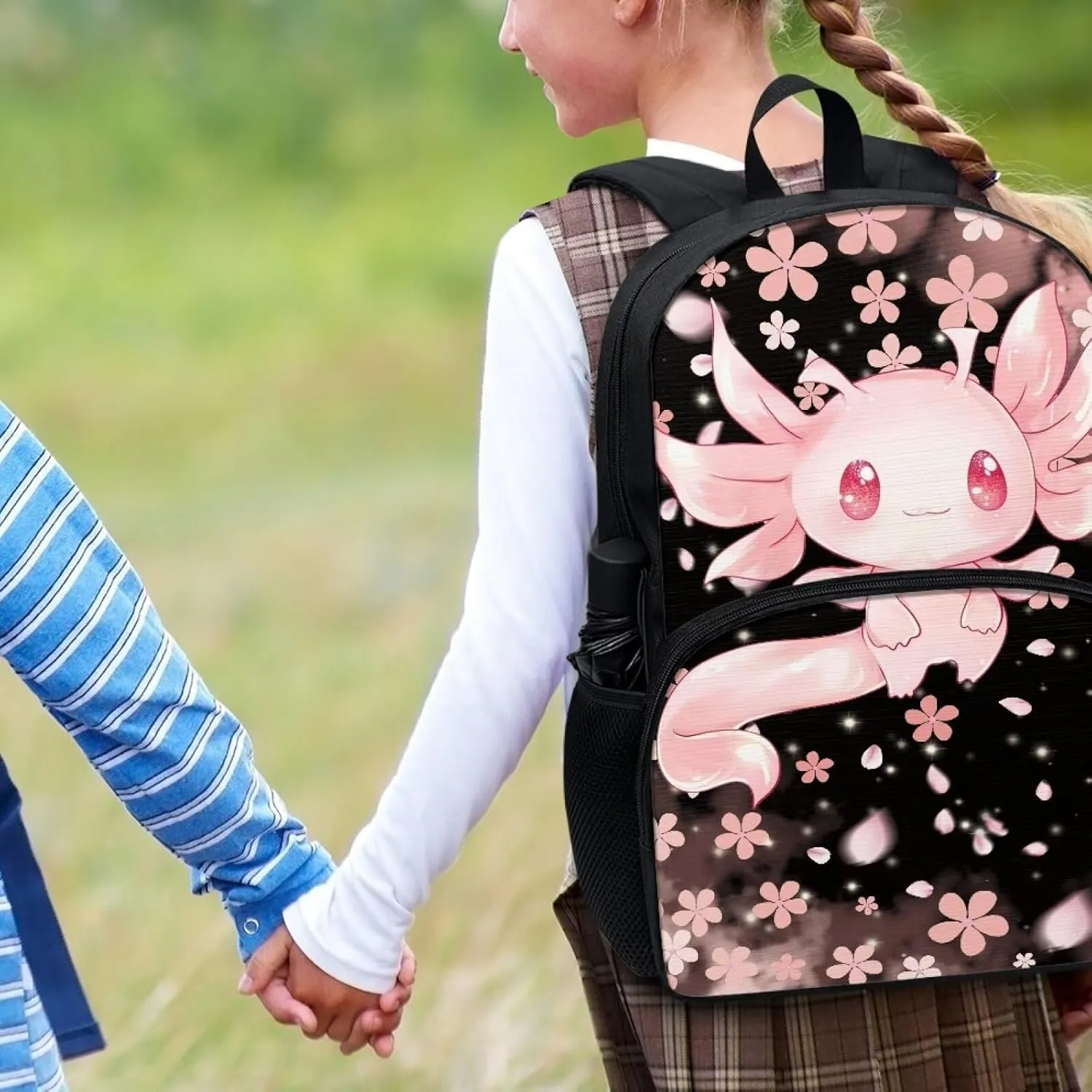 Showudesigns Cherry Blossom Axolotl School Bags for Girls 6-8 8-10 Elementary School Backpack With Water Bottle Holder Preschool Middle School Bookbag Kids Schoolbag 3rd-6th Grade Pink