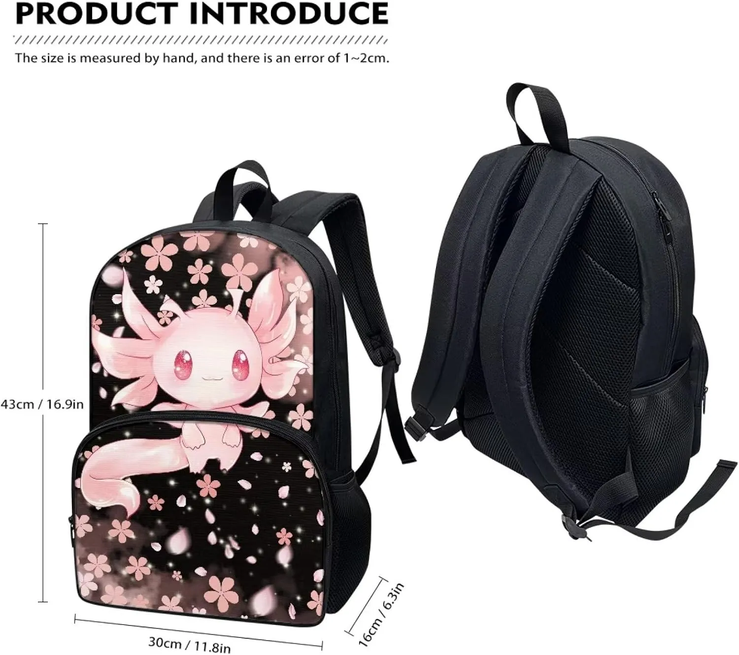 Showudesigns Cherry Blossom Axolotl School Bags for Girls 6-8 8-10 Elementary School Backpack With Water Bottle Holder Preschool Middle School Bookbag Kids Schoolbag 3rd-6th Grade Pink