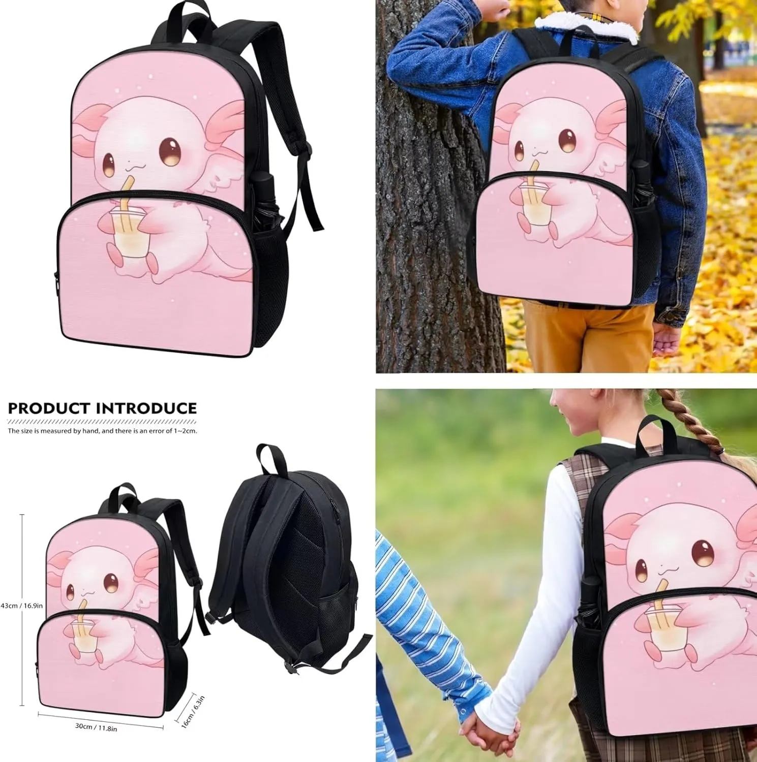 Showudesigns Cute Axolotl Book Bag for Girls 6-8/8-9/10-12 Elementary backpack With Lunch Box Kids Pencil Case 17 Inch Backpacks Kindergarten Primary School Bookbag Teen School Bag Daypack Pink