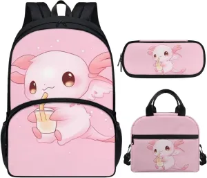 Showudesigns Cute Axolotl Book Bag for Girls 6-8/8-9/10-12 Elementary backpack With Lunch Box Kids Pencil Case 17 Inch Backpacks Kindergarten Primary School Bookbag Teen School Bag Daypack Pink