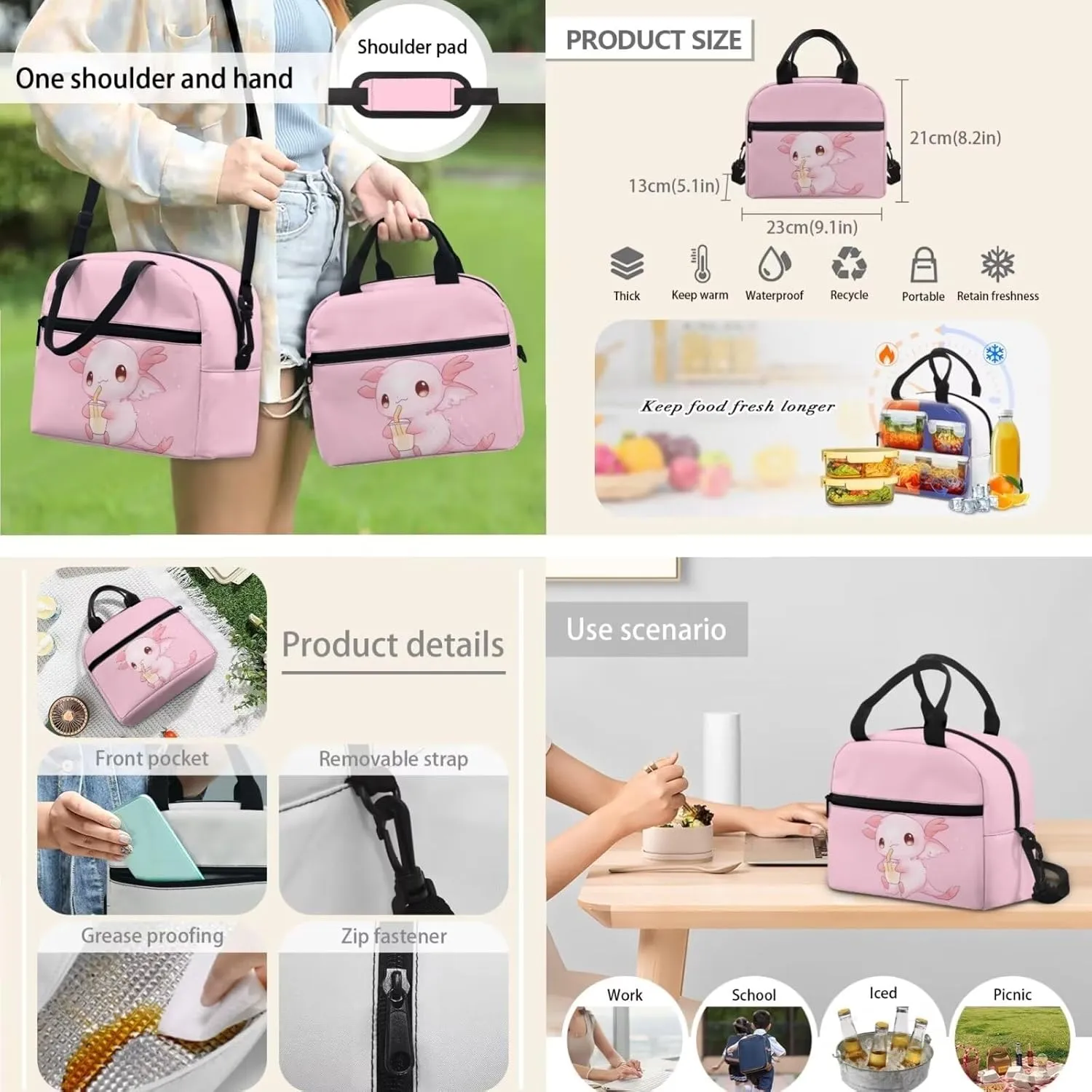 Showudesigns Cute Axolotl Book Bag for Girls 6-8/8-9/10-12 Elementary backpack With Lunch Box Kids Pencil Case 17 Inch Backpacks Kindergarten Primary School Bookbag Teen School Bag Daypack Pink