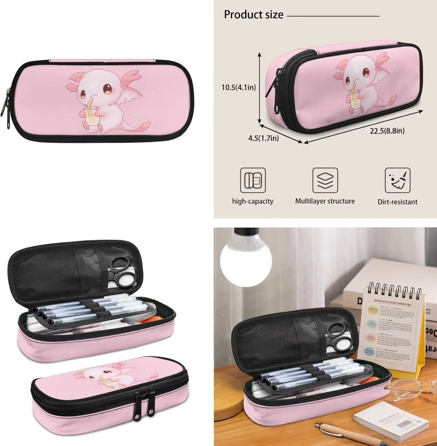 Showudesigns Cute Axolotl Book Bag for Girls 6-8/8-9/10-12 Elementary backpack With Lunch Box Kids Pencil Case 17 Inch Backpacks Kindergarten Primary School Bookbag Teen School Bag Daypack Pink