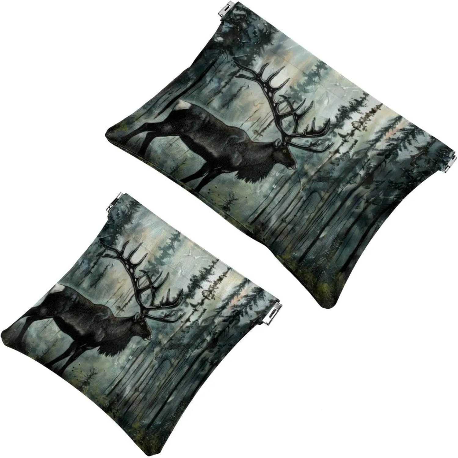 Small Pocket Cosmetic Bag, Squeeze Top Travel Makeup Bag for Purse, No Zipper Self-Closing Mini Makeup Pouch for Women Girls, Caribou Forest Tree Pattern