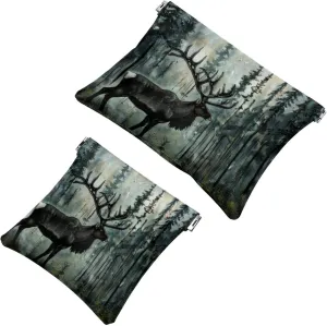 Small Pocket Cosmetic Bag, Squeeze Top Travel Makeup Bag for Purse, No Zipper Self-Closing Mini Makeup Pouch for Women Girls, Caribou Forest Tree Pattern