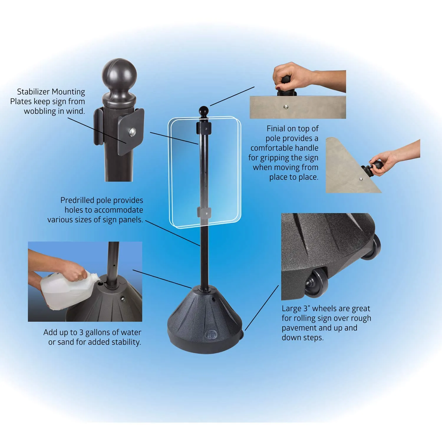 SmartSign Roll 'n' Pole Standard Black Base | 3.5ft. Pole with 1.5ft. Diameter Base, Made in USA