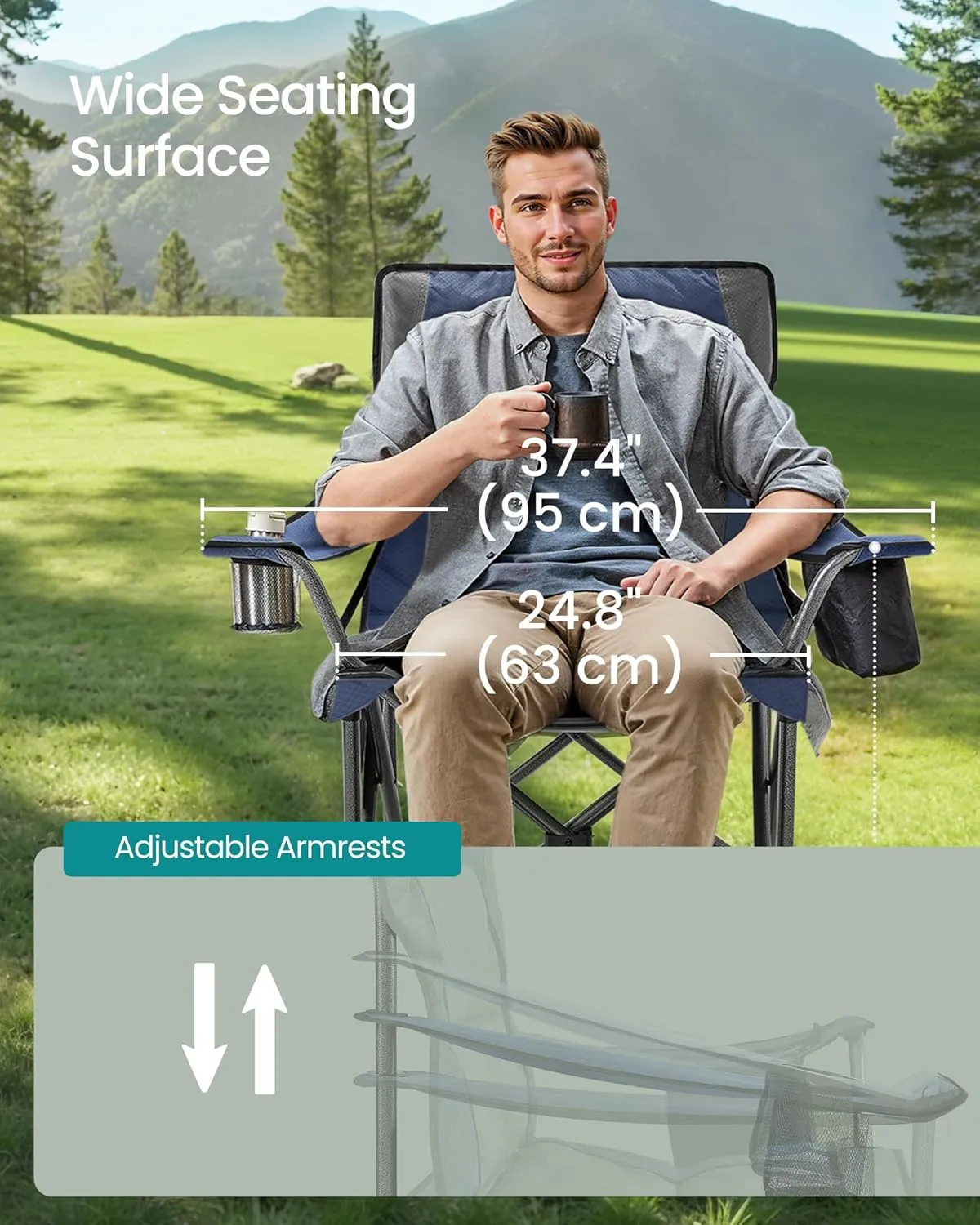 SONGMICS Oversized Lumbar Support Camping Chair, Heavy-Duty Outdoor Folding Chair Comfortable, Padded, Glamping, Cooler Bag, Weight Capacity 450 lb, Harbor Blue UGCB066Q01