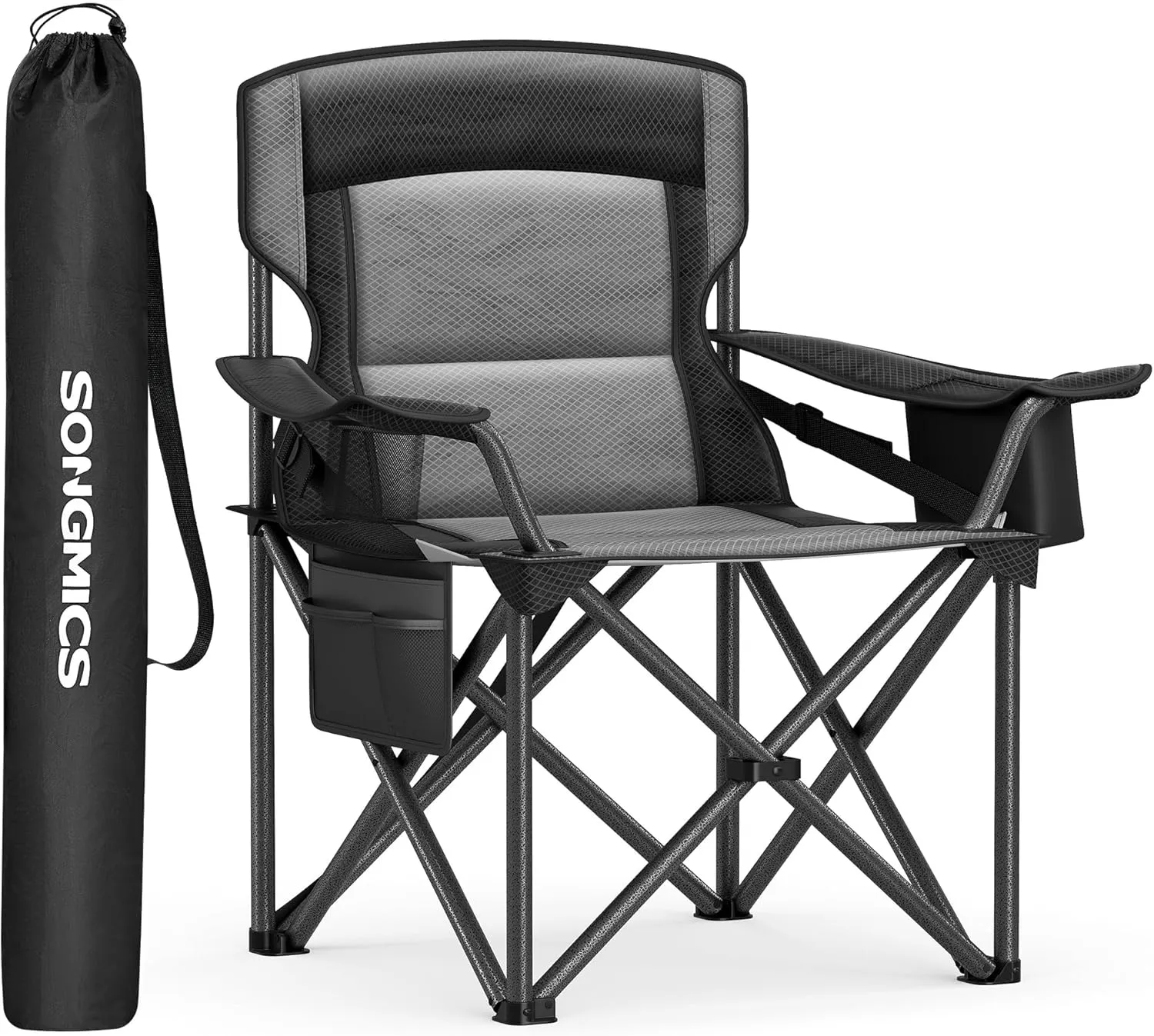 SONGMICS Oversized Lumbar Support Camping Chair, Heavy-Duty Outdoor Folding Chair Comfortable, Padded, Glamping, Cooler Bag, Weight Capacity 450 lb, Ink Black UGCB066B01