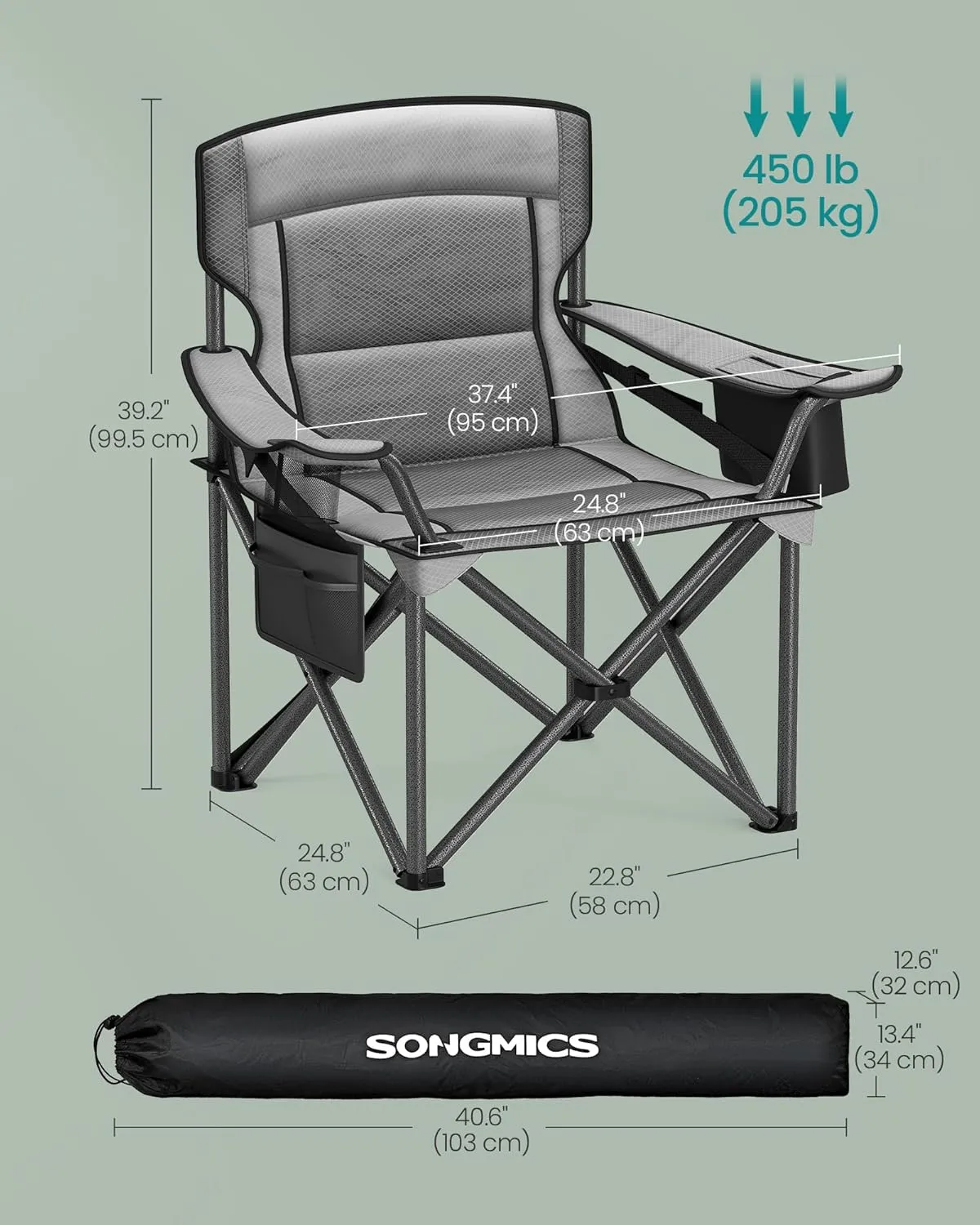 SONGMICS Oversized Lumbar Support Camping Chair, Heavy-Duty Outdoor Folding Chair Comfortable, Padded, Glamping, Cooler Bag, Weight Capacity 450 lb, Slate Gray UGCB066G01