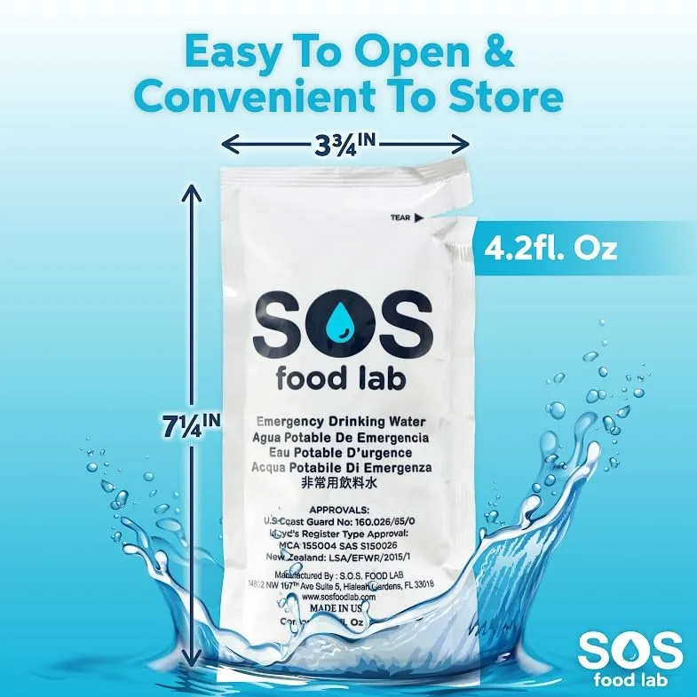 SOS Food Lab Emergency Water Pouches - 2 Gallons (62 Count, 4.2 Fl Oz Each) - Triple Purified, UV Sterilized Filtered Drinking Water for Disaster & Survival Kits - 5 Year Shelf Life, US Navy Approved
