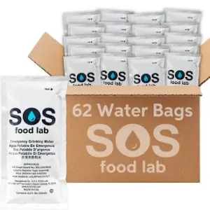 SOS Food Lab Emergency Water Pouches - 2 Gallons (62 Count, 4.2 Fl Oz Each) - Triple Purified, UV Sterilized Filtered Drinking Water for Disaster & Survival Kits - 5 Year Shelf Life, US Navy Approved