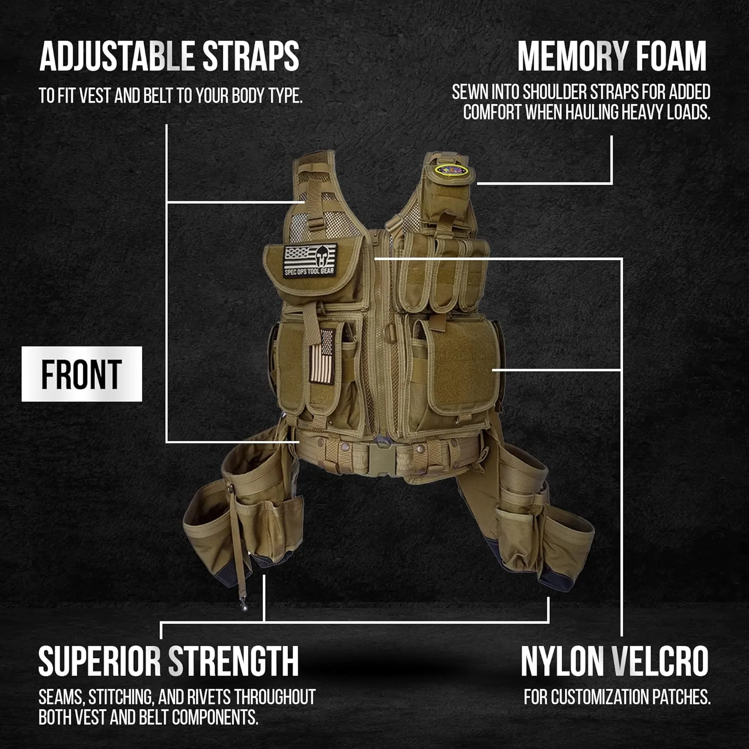 SOTG Charlie Tactical Tool Vest with Tools Pouches, Lightweight & Durable Construction Vest with Weight Dispersal Technology for Construction Work, Framers, Electricians, Carpenters