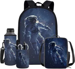 Space Galaxy Astronaut Backpack for Boys Kids Backpack with Lunch Box Water Bottle Pouch and Desk Pen Holder 4PCS Bookbag Set for School Teens 17 inch Large Middle School Bag with Side Pocket