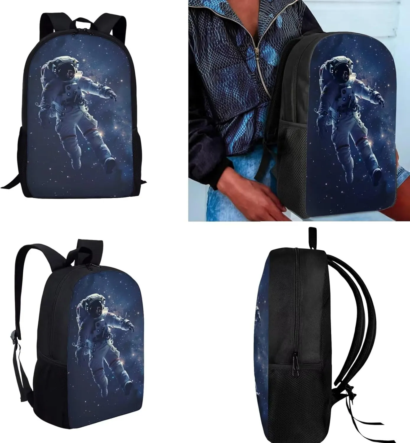 Space Galaxy Astronaut Backpack for Boys Kids Backpack with Lunch Box Water Bottle Pouch and Desk Pen Holder 4PCS Bookbag Set for School Teens 17 inch Large Middle School Bag with Side Pocket
