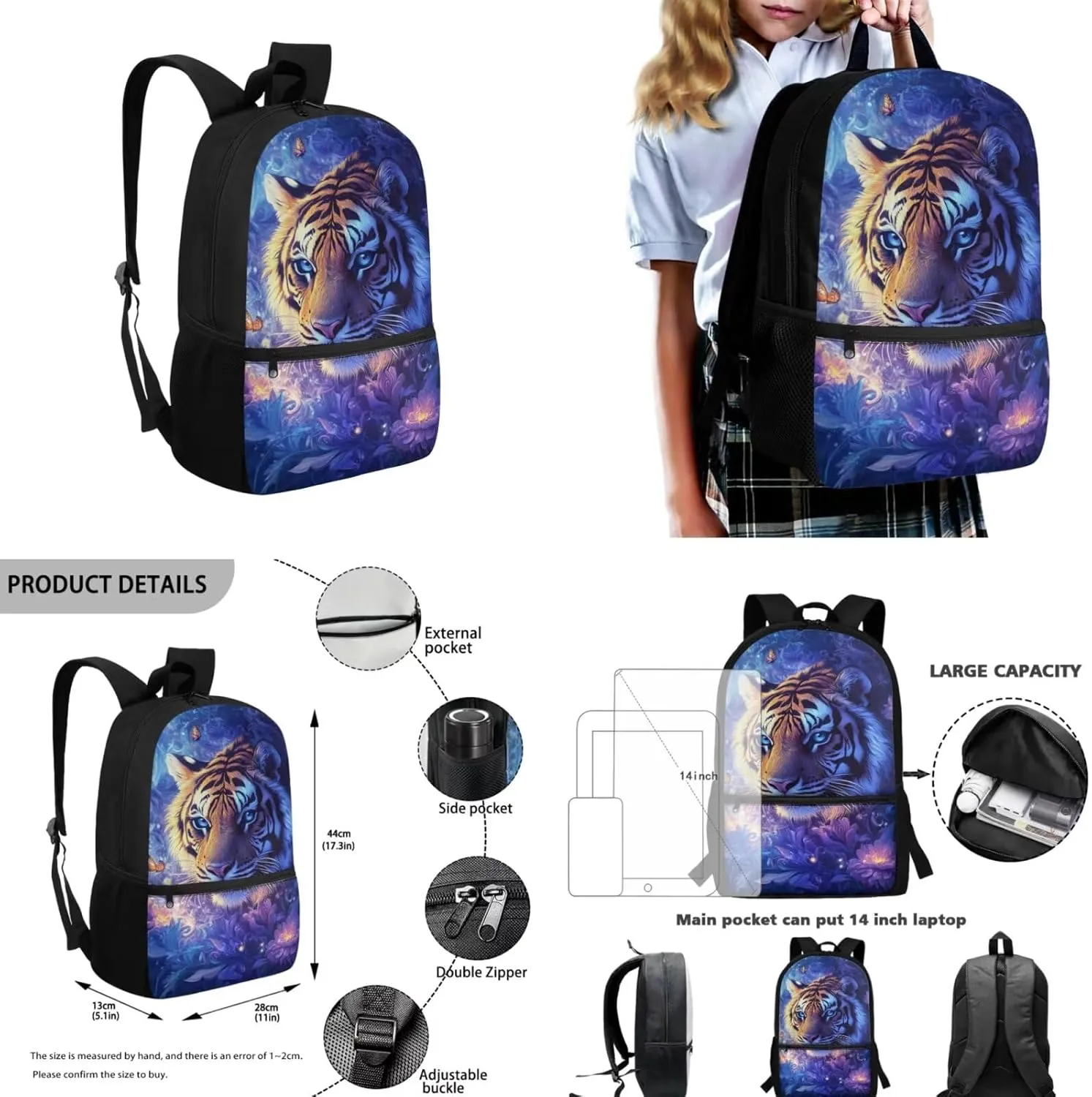 Space Tiger Cool Backpacks for Boys Backpack with Lunch Box Pencil Case Water Cup Cover 17 Inch Large Capacity Kids Bookbag for Boys Elementary School bags 4 Pcs Daypacks