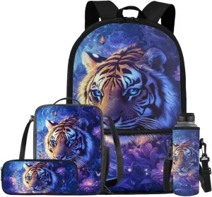 Space Tiger Cool Backpacks for Boys Backpack with Lunch Box Pencil Case Water Cup Cover 17 Inch Large Capacity Kids Bookbag for Boys Elementary School bags 4 Pcs Daypacks