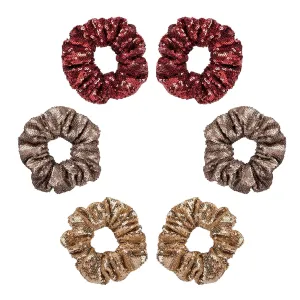 Sparkling Sequin Hair Scrunchies (6pc) - 2Grey 2Red 2Gold | Elastic Ponytail Holders for All Hair Types - Girls' Glam Accessories for Daily & Stage